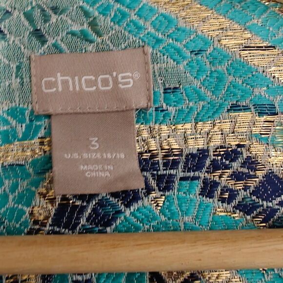 NWOT Chico's Turquoise Teal and Gold Patterned Coat Jacket Size 16-18 - Picture 10 of 10
